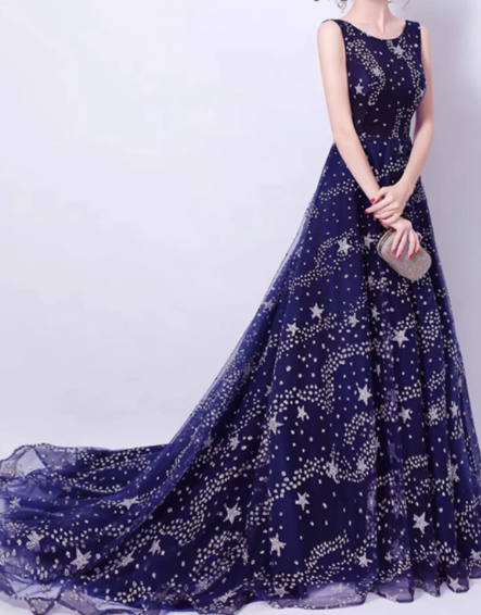 Flowy Polka Dots Corset Prom Gown , Retro Navy Women's Maxi Evening Dress RS2178