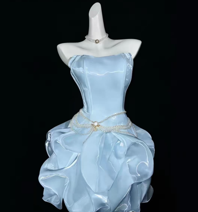 Puffy Silky Strapless Homecoming Dress , Blue Women's Short Prom Dress RS2186