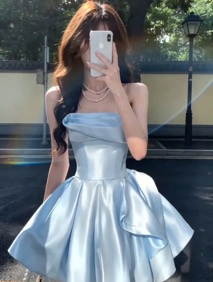 Ruffled Strapless Silky Homecoming Dress , Dreamy Women's Short Prom Dress RS2190