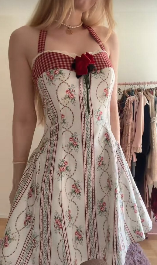 Chiffon Halter Floral Homecoming Dress , Retro Women's Short Prom Dress Summer Dress RS2191
