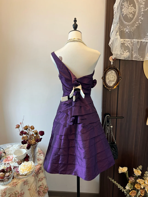 Dark purple asymmetrical neckline three-dimensional flower waist charming A-line skirt homecoming dress R4240