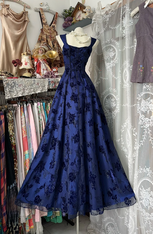 Blue halter print slim waist A-line elegant long ball gown R6144