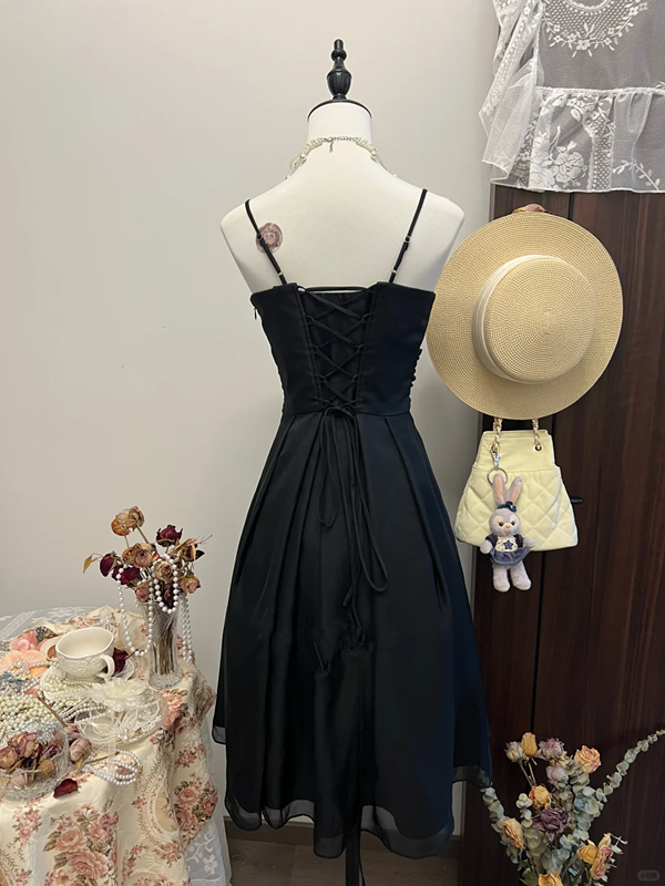 Black suspender low-cut sexy waist pleated slim long skirt homecoming dress R4362