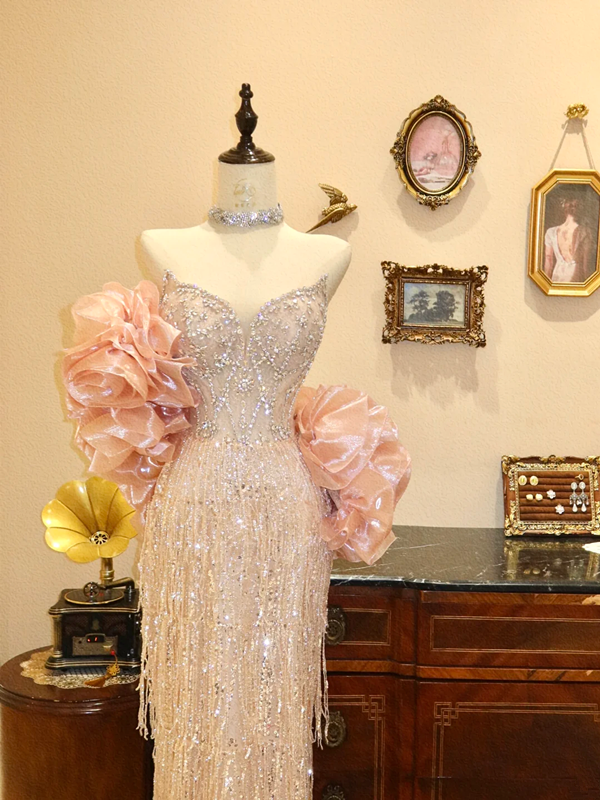 Light pink rhinestone strapless fitted waist bodycon long wedding dress R6584
