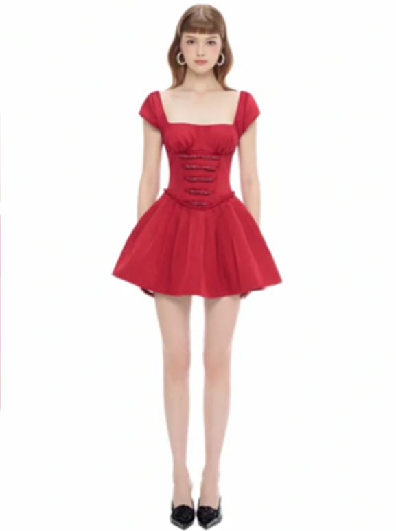 Red suspenders slim waist sexy A-line skirt short skirt homecoming dress R4442