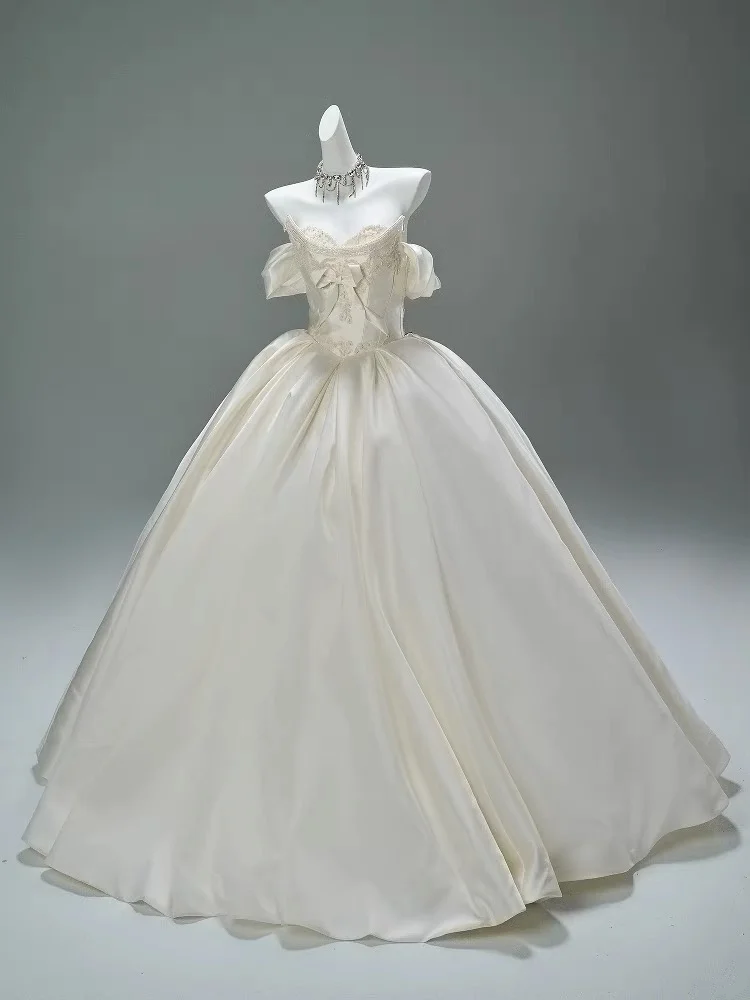 White tube top slim waist puffy long dress bridal gown R5751