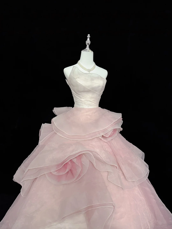 Light pink strapless, fitted waist, full skirt, long ball gown, bridal dress R9050