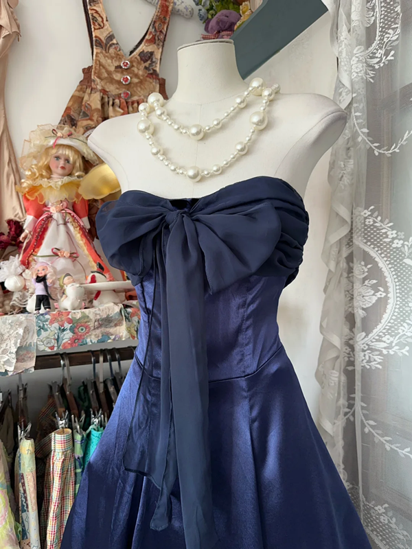 Navy blue strapless, fitted A-line long dress, ball gown R6343