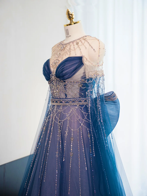 Dark blue round neck fitted waist long ball gown R8990