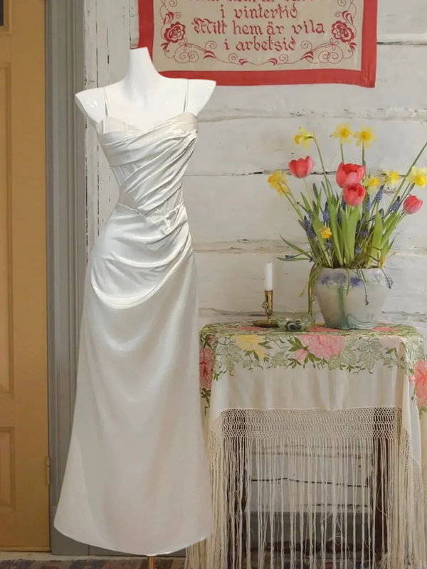 White halter waist pleated satin maxi ball gown R6225