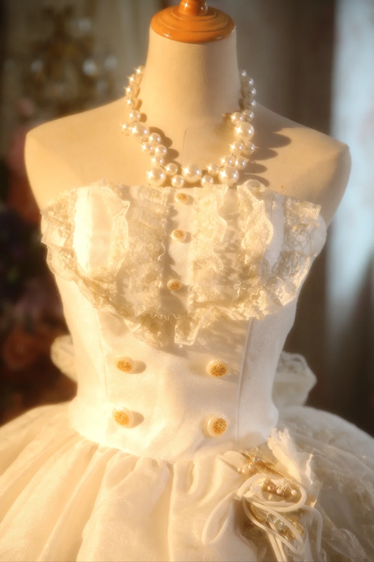 White strapless fitted waist lace-trimmed ball gown/bridal dress R7276