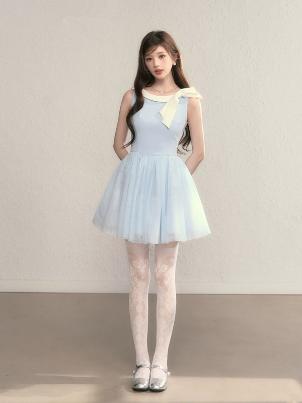 Light blue sleeveless slim waist A-line short skirt homecoming dress R5234
