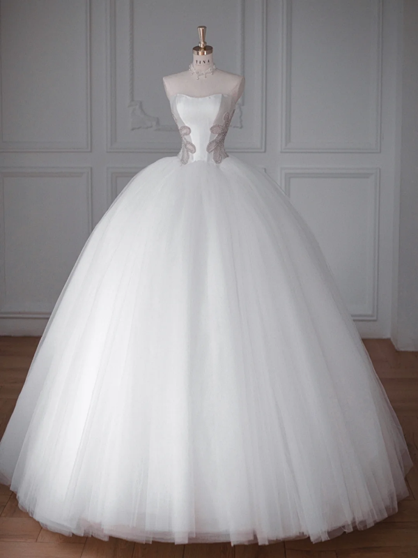 White Tube Top Fitted-Waist Slim-Fit Tulle Puffy Hem Bridal Gown R5904