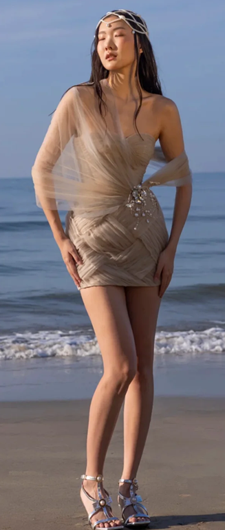 Light brown tube top waist slim hip sexy short skirt homecoming dress R4604