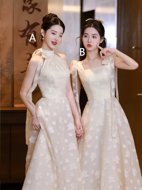 White floral waist slim fit elegant ball gown, bridesmaid dress R6126