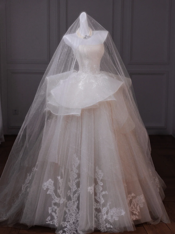 White tube top slim waist puffy skirt long dress bridal gown R5790