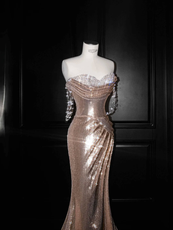 Rose Gold Strapless Sequined Waisted Slim Fit Hip Maxi Dress, prom dress R5633
