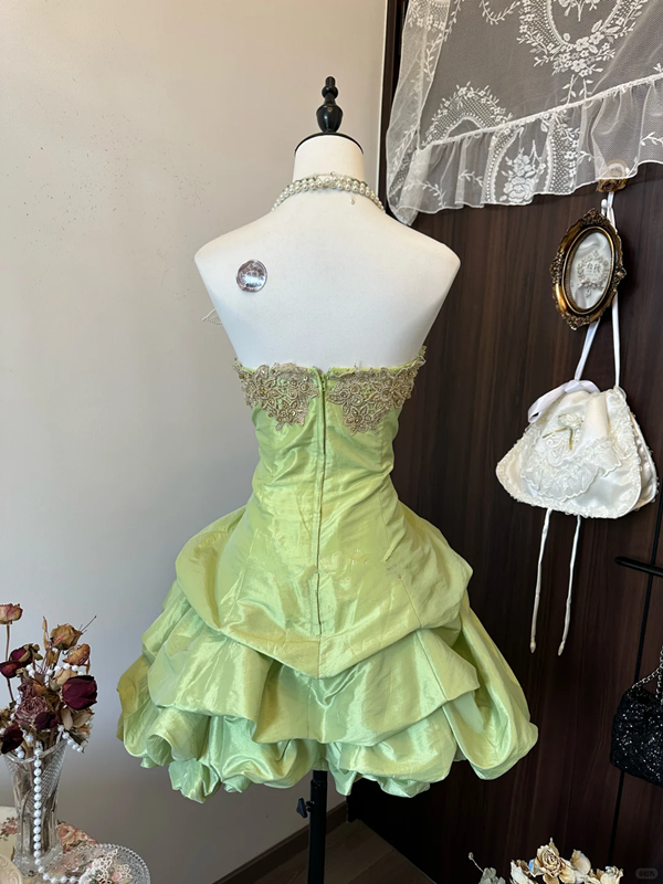 Green tube top slim waist flower bud skirt short skirt homecoming dress R4264