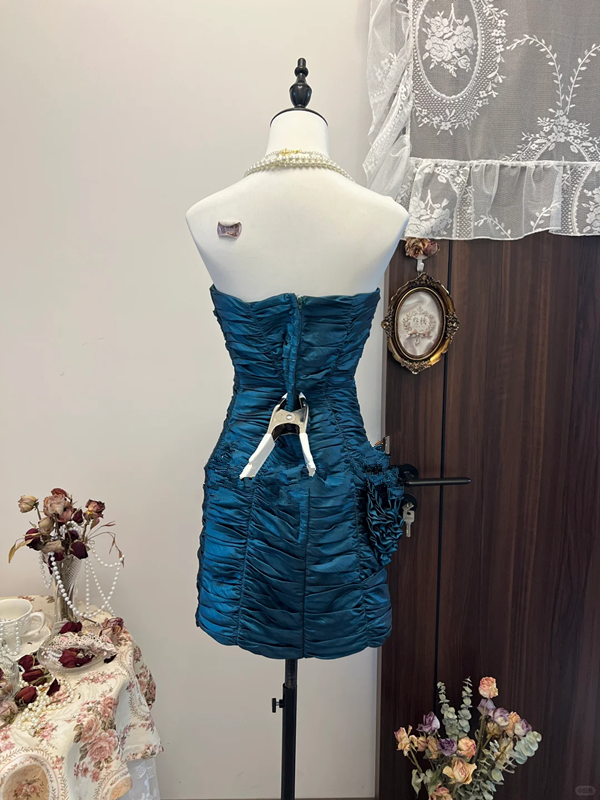 Dark blue tube top waist pleated slim hip sexy short skirt homecoming dress R4304