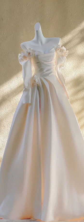 Apricot one-shoulder long-sleeved waisted satin A-line maxi bridal gown R5810
