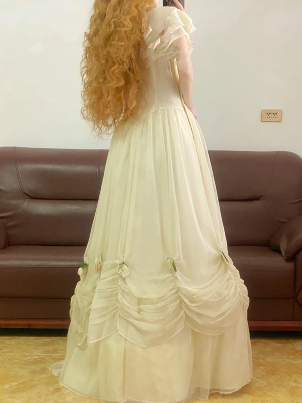Light Apricot Round-Neck Waist-Cinched Fitted Elegant Hem Ball Gown, Bridal Gown R7319