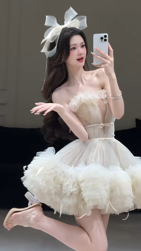 White tube top waist slim fit puffy princess skirt homecoming dress R4224