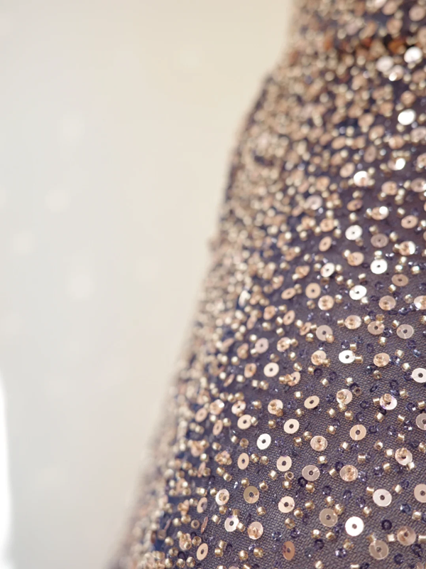 Dark blue strapless sequined midi ball gown with a cinched waist and full skirt R8509