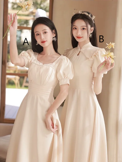 Light apricot slim waist A-line maxi bridesmaid dress R6108