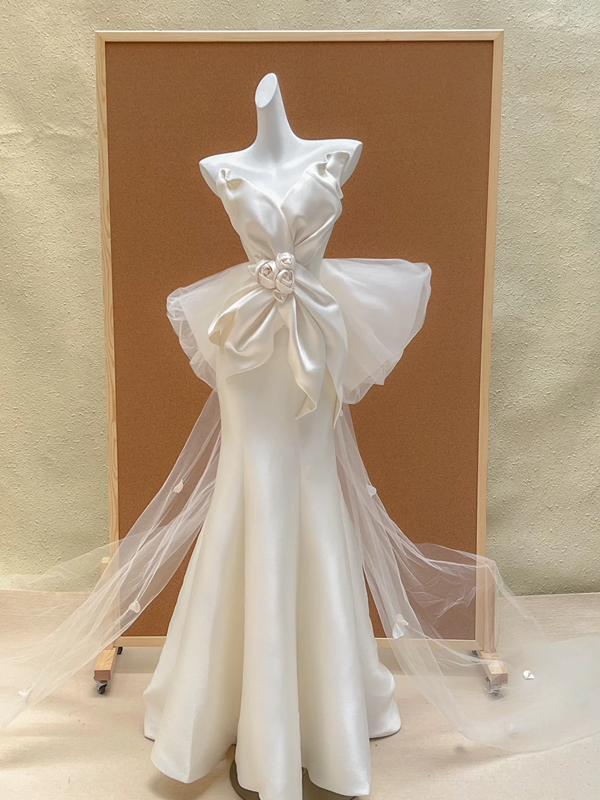 White satin bow waist design slim hip dress bridal gown R5733