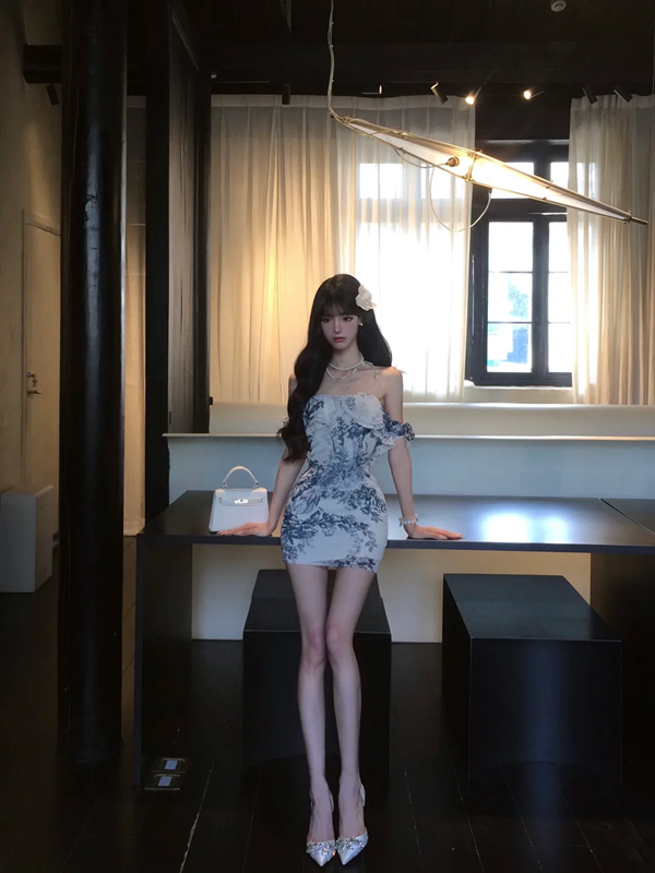 Navy blue printed one-shoulder waist slim hip skirt homecoming dress R5075