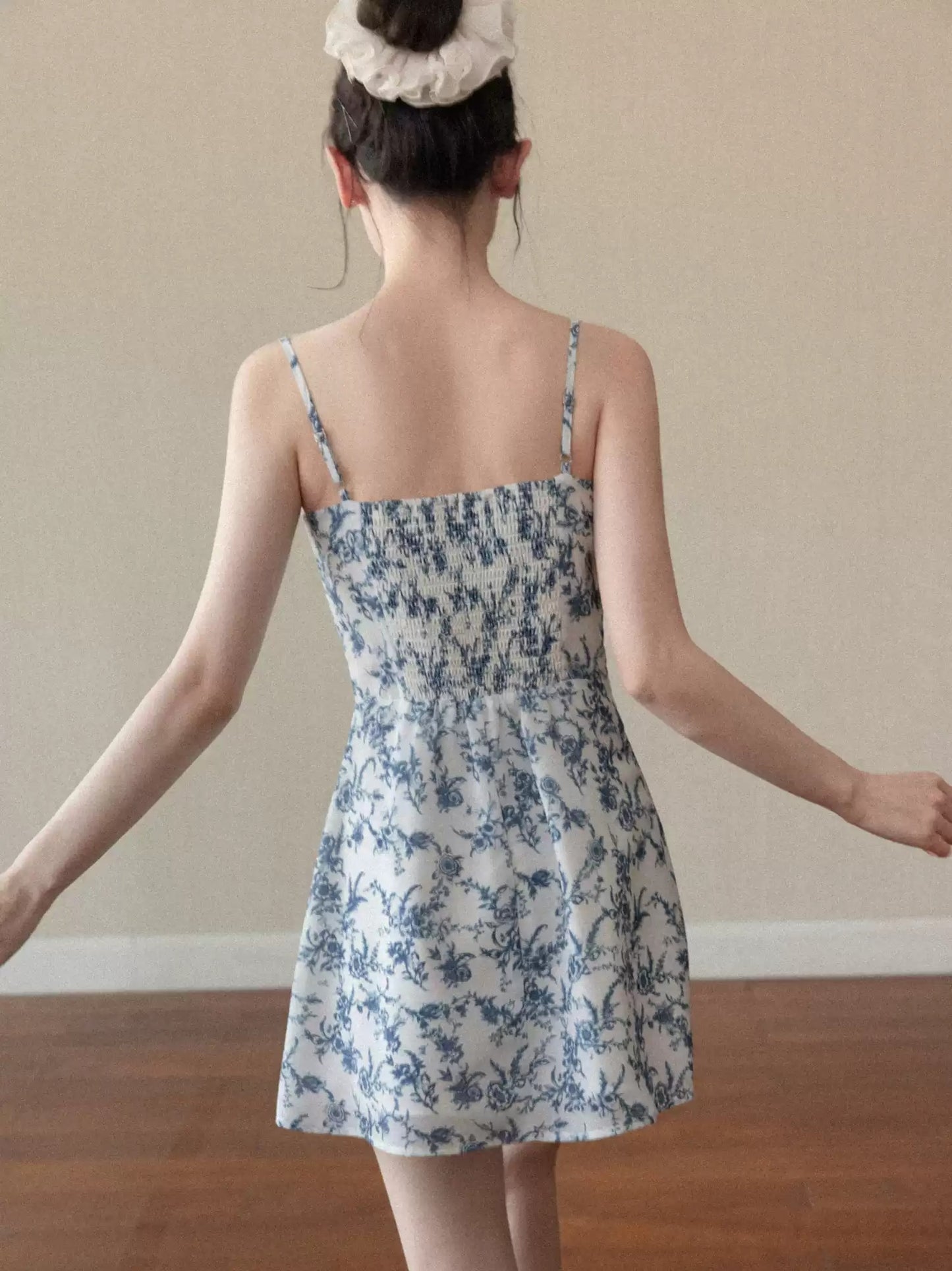 Vintage Floral Print Cami Dress with Smocked Back R9168