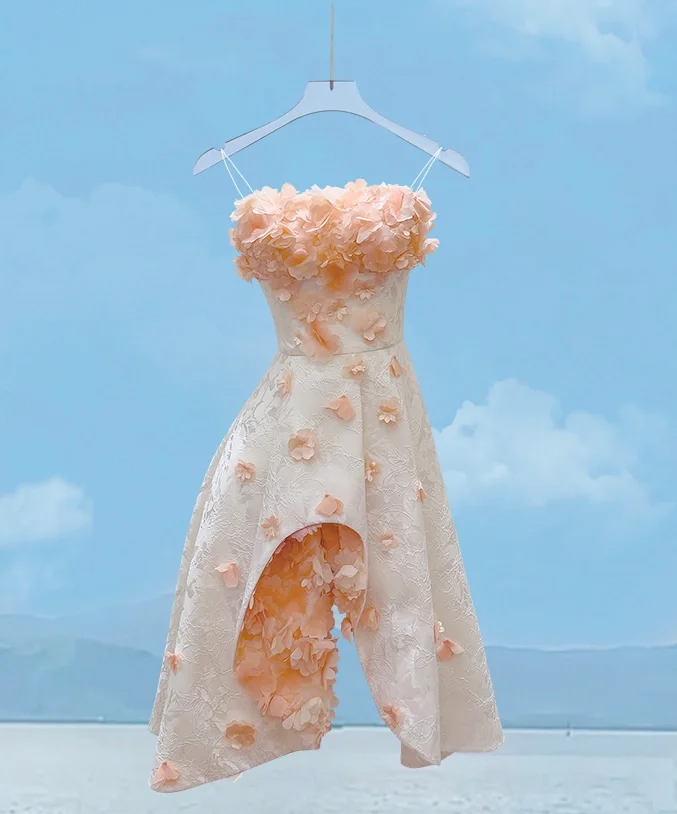 Pink suspender three-dimensional flower waist slim A-line short skirt homecoming dress R5328