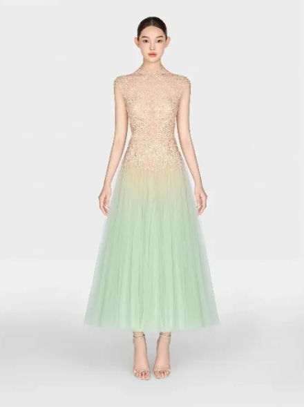 Gradient color suspenders nude pink upper body slimming elegant light green skirt long skirt homecoming dress R4791