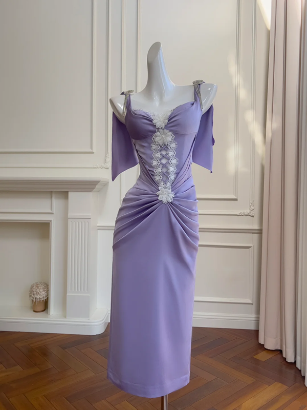 Purple Charming Strapless Waist Slim Pleated Hip Maxi Dress Homecoming Dress R5216