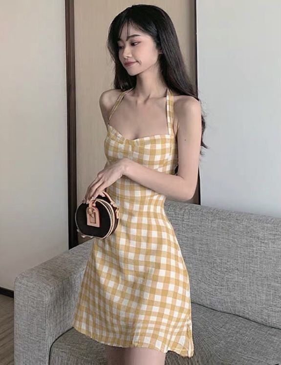 Yellow checkered halter neck waist A-line slim short skirt homecoming dress R3228