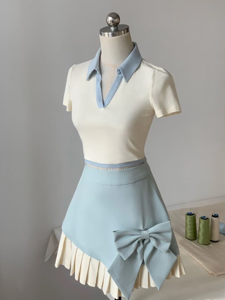 Blue and white irregular skirt polo collar slim-fitting A-line skirt homecoming dress R2536