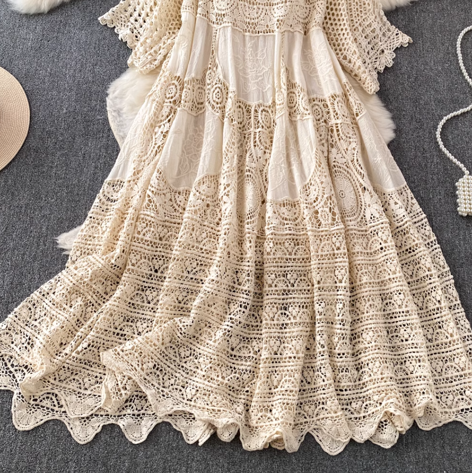 2025 new hollow hook flower knitted dress mid-length sleeve dress elegant and fashionable loose R0337
