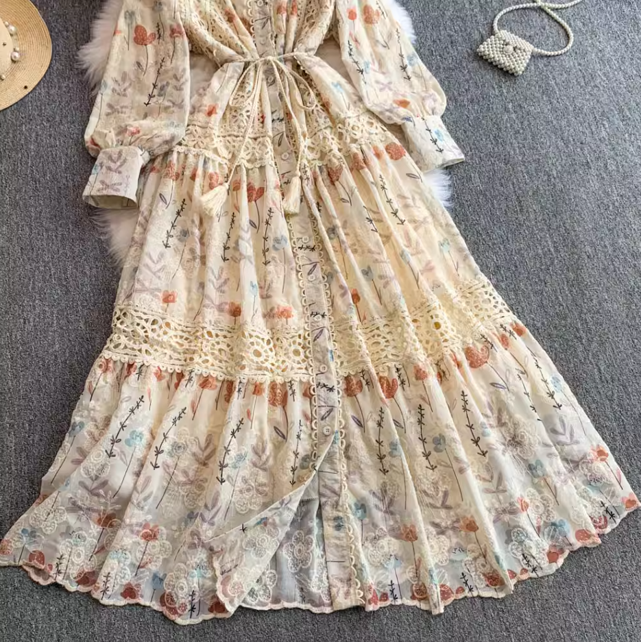 Gentle style lady temperament stand collar dress new style embroidered lace waist slim long skirt R0312