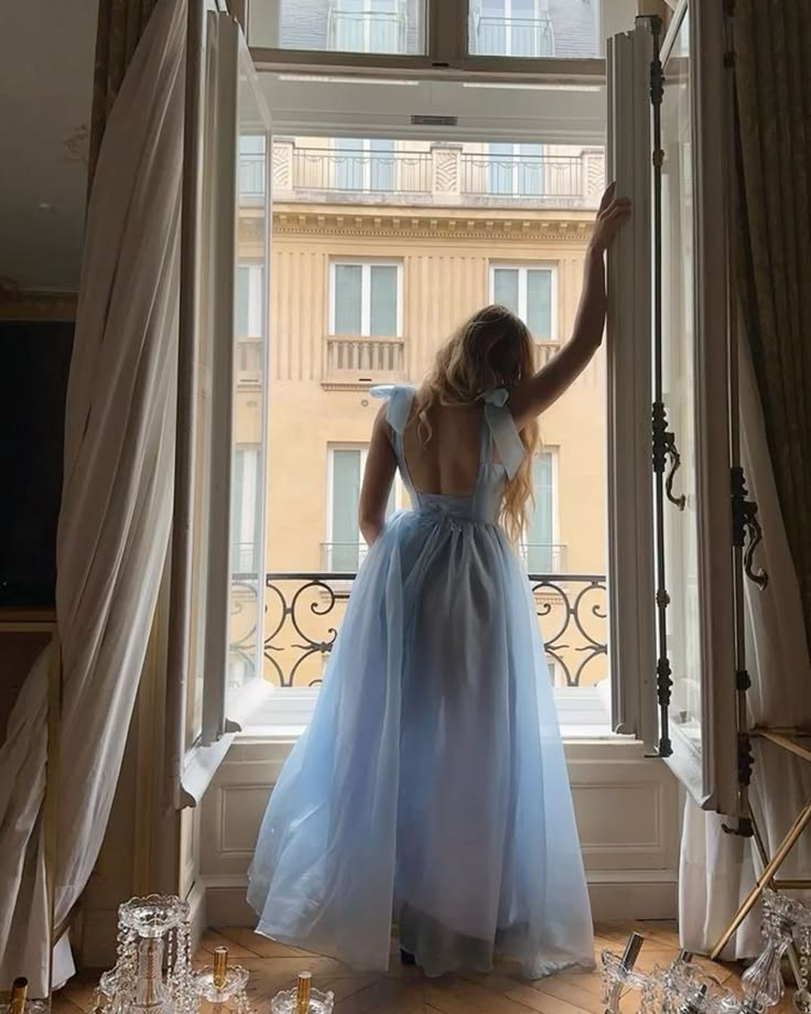 Hazy Tulle Women's Prom Gown Pale Blue Waist Fitted Maxi Evening Dress Birthday Dress — Fall Outfit 2026 New RS3244