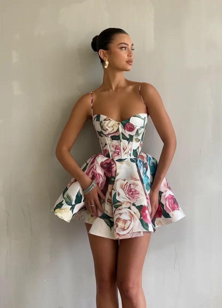 Retro floral suspender waist tutu skirt homecoming dress R3466