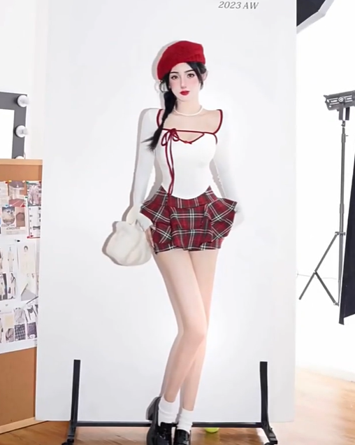 Sweet and spicy short contrast knitted top 2025 large size Christmas plaid skirt suit R1350