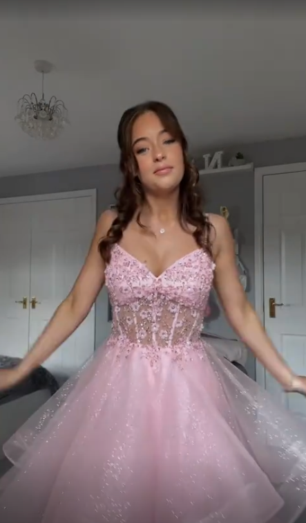 A Line Pink Tulle Long Prom Dresses S6993