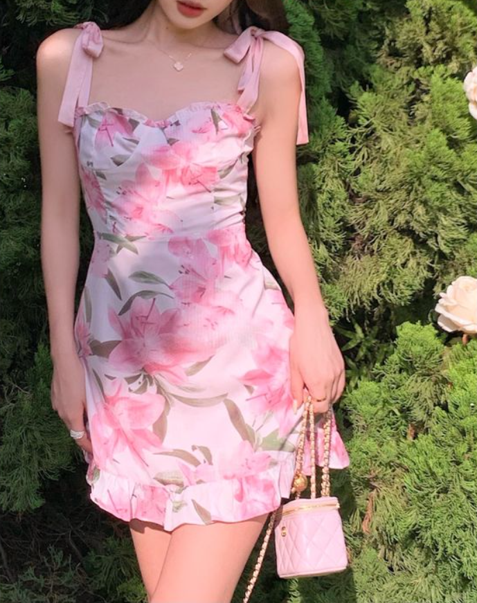 Pink floral suspenders slim waist lace skirt short skirt prom dress homecoming dress R3054