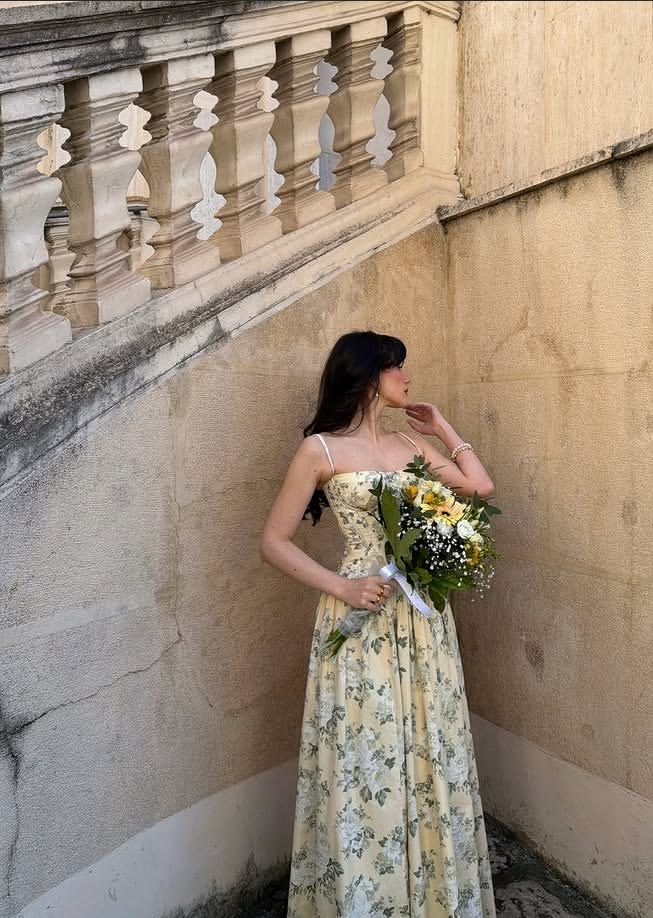 Resort Floral Satin Prom Gown Pastel Yellow Women's Maxi Birthday Dress Evening Dress RS2976