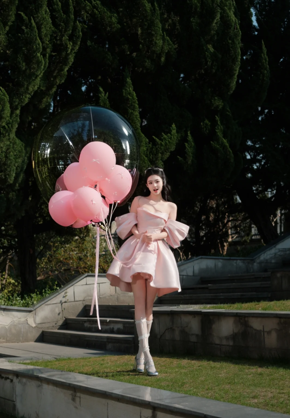 Pink Strapless One Shoulder Satin Waist Puffy Skirt Homecoming Dress R4184