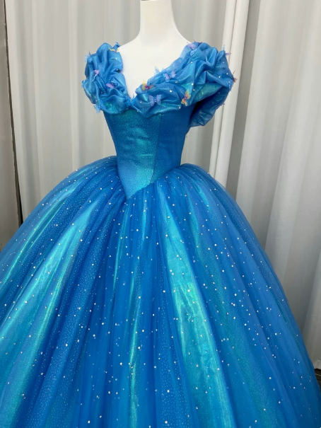 Glitter Puffy Corset Prom Gown , Vibrant Blue Women's Maxi Evening Dress Ball Gown RS2394