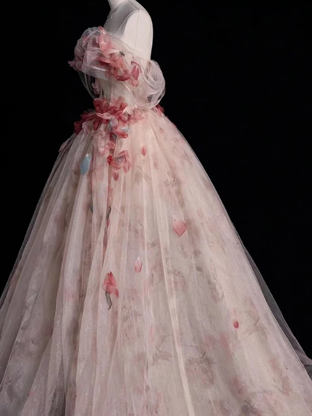 Pink Tulle 3D Floral Corset Prom Gown , Sweet Women's Maxi Quinceanera Dress Ball Gown RS2218