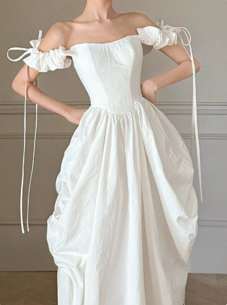 French Chic White A-Line Bow Sleeve Strap Bateau Corset Maxi Wedding Dress RS282