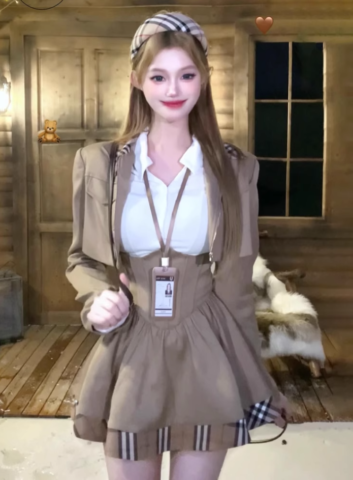 College style pattern jacket white shirt 2025 high waist a-line skirt suit R1143