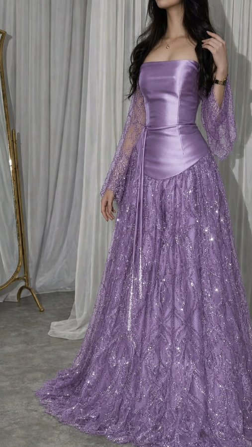 Silky Glitter Flowy Corset Prom Gown , Lavender Women's Maxi Evening Dress Ball Gown RS2267